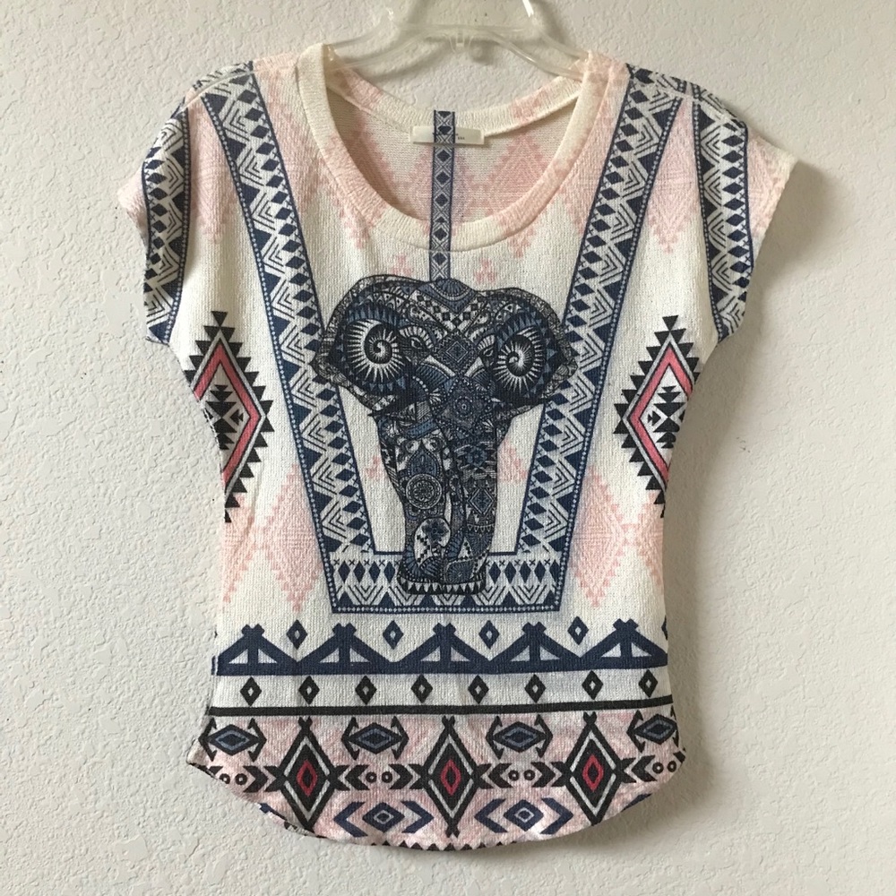 Gaze USA 90s Boho Elephant Print Knit Top Size XS
